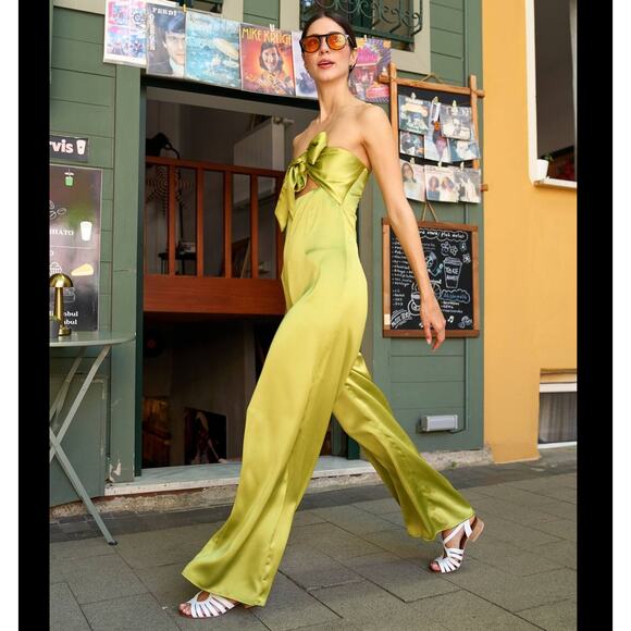 ZARA Strapless Wide-Leg Jumpsuit NWT | Bow Detail Cutout Green M - Picture 8 of 16